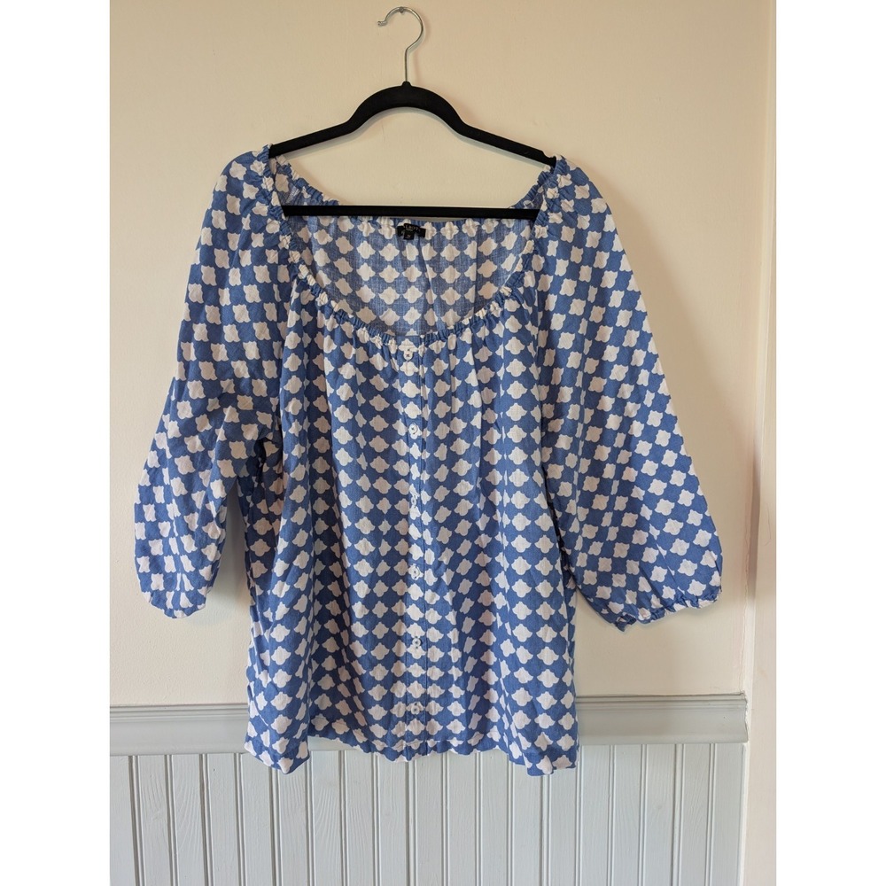 Talbots Womens Linen Blouse Size 1X Blue Button Front Boho Coastal Lightweight